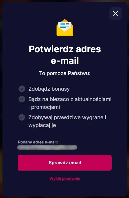 Potwierdzenie rejestracji NV Casino przez e-mail